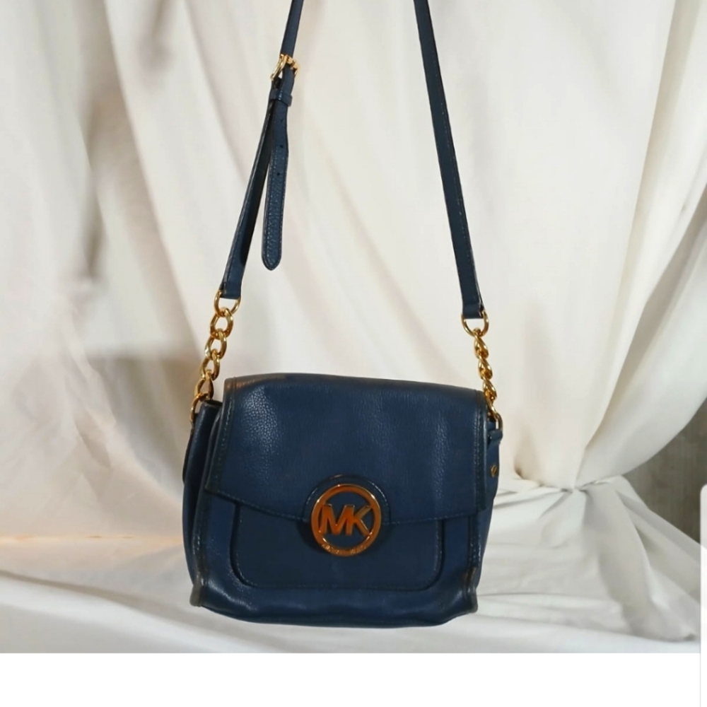 Michael Kors Dark Blue Crossbody Bag with Gold Accents